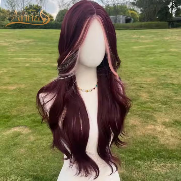 Bộ tóc giả nguyên đầu màu đỏ rượu vang ẩn highlight hồng làm từ tóc thật