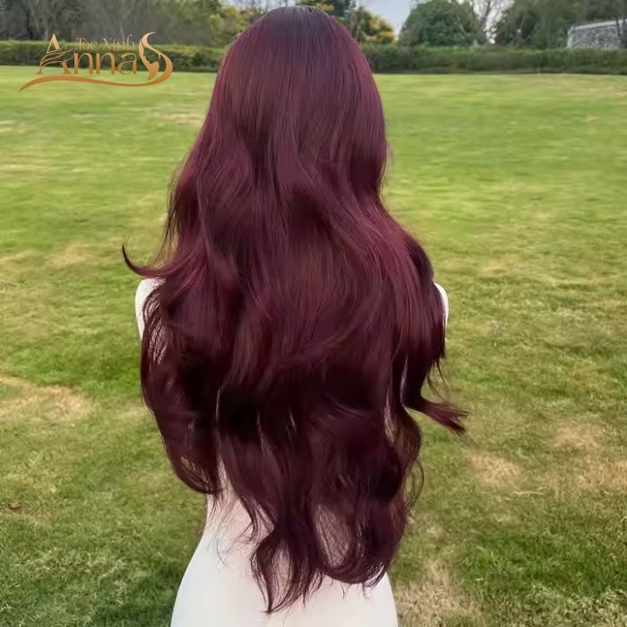 Bộ tóc giả nguyên đầu màu đỏ rượu vang ẩn highlight hồng làm từ tóc thật